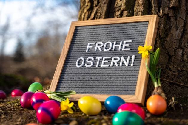 Langweid, Bavaria, Germany - 16 February 2023: Text board with inscription: Happy Easter, colorful eggs and spring flowers daffodils, decoration in the forest, Easter symbol image *** Text Tafel mit der Aufschrift: Frohe Ostern, bunte Eier und frühlings Blumen Narzissen, Dekoration im Wald, Ostern Symbolbild