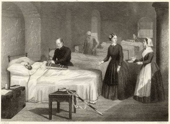 Florence Nightingale - Scutari - Hind In Scutari, Florence Nightingale assists while a doctor puts a splint on a patient s arm. Date: 1855  Copyright: Copyrightx(c)Geminix2023.xCredit:xGemini 12004300