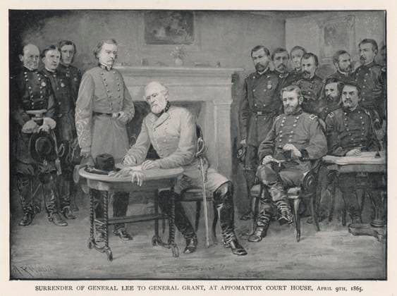 Lee Surrenders to Grant General Lee surrenders to General Grant at Appomattox Court House. Date: 9 April 1865  Copyright: Copyrightx(c)Geminix2023.xCredit:xGemini 12005827