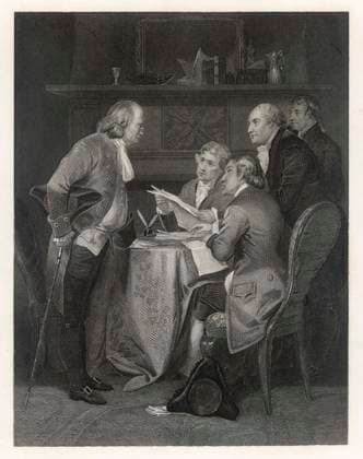 Drafting the American Declaration of Independence Scene at the Drafting the American Declaration of Independence - present are Franklin, Jefferson, Adams, Livingston and Sherman. Date: 1776  Copyright: Copyrightx(c)Geminix2023.xCredit:xGemini 13836287