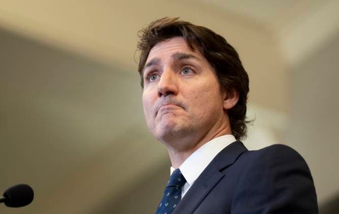 February 17, 2023, Ottawa, ON, Canada: Prime Minister Justin Trudeau is seen during a news conference with reporters about the Public Order Emergency Commission report on the Liberal government s use of the Emergencies Act, in Ottawa, Friday, Feb.17, 2023. Ottawa Canada  - ZUMAc35_ 20230217_zaf_c35_087 Copyright: xAdrianxWyldx