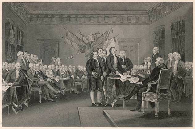 INDEPENDENCE DECLARATION The signing of the Declaration of Independence Date: 4 July 1776  Copyright: Copyrightx(c)Geminix2023.xCredit:xGemini 13842437
