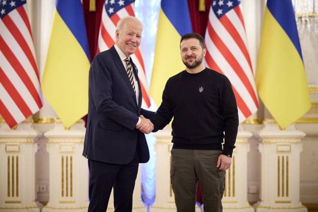 U.S. President Joe Biden has met with Ukraine s President Zelensky in Kyiv. The American leader had previously announced a trip to Poland but made the surprise visit to Kyiv on Monday 20 February 2023. Welcoming Biden, Zelensky said: Joseph Biden, welcome to Kyiv! Your visit is an extremely important sign of support for all Ukrainians. During Biden s trip to Kyiv, air raid sirens were heard, warning of a possible imminent air strike by Russia as Vladimir Putin continues his country s invasion of Ukraine. Although the front lines are in the East and South of the country after Russian troops were pushed back from Kyiv by staunch Ukrainian resistance, air strikes regularly hit civilian infrastructure and homes across all of Ukraine. Bid Copyright: xx 52458656 EDITORIAL USE ONLY. NOT FOR USE BY NEWSPAPERS BASED IN THE UK.