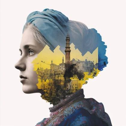 Creative Highlights Symbolbilder Generative AI illustration double exposure portrait of pensive woman in hair band and Ukrainian city on white background ManuelRuiz_ID12781_387668_035 Copyright: xManuelxRuizx Model Released