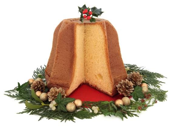 Pandoro christmas cake with holly, gold bauble clusters, mistletoe, ivy, pine cone and cedar cypress leaf sprig decorations over white background. Copyright: xmarilynxbarbonex xDesignxPicsx , 31930872 Copyright: marilynxbarbonex xDesignxPics 31930872