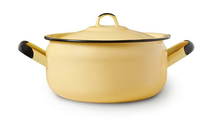 Front view of yellow enamel cooking pot Front view of low yellow enamel cooking pot isolated on white Copyright: xZoonar.com AntonxStarikovx 19258861