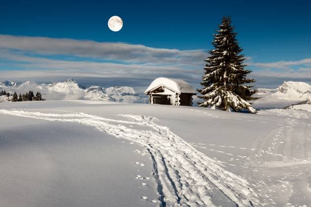 Full Moon above Small Hut and Fir Tree on the Top of the Mountain in Megeve, French Alps Copyright: xAndreyxOmelyanchukx xDesignxPicsx , 32068382 Copyright: AndreyxOmelyanchukx xDesignxPics 32068382