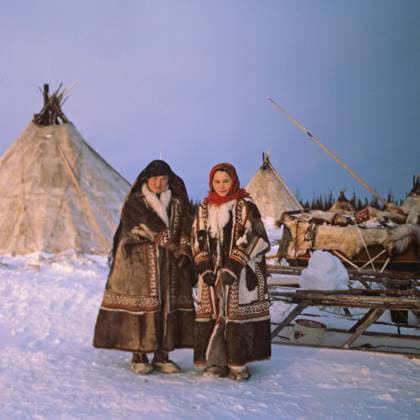 Peoples of the North festival 8375365 22.02.1990 Khanty-Mansi Autonomous Area (KhMAO). Holiday of the peoples of the North. Women in national dress near traditional dwellings (yaranga). Khanty-Mansi Autonomous Area Yugra Russia  Copyright: xx