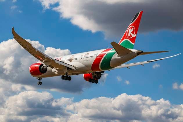 Kenya Airways Boeing 787 Landing At London Heathrow Kenya Airways Boeing 787 Dreamliner aircraft as seen flying for landing at the runway of London Heathrow Airport LHR during a blue sky summer day with some clouds. The wide body passenger airplane has the registration 5Y-KZG, the name Magical Kenya and is powered by 2x GE jet engines. Kenya Airways is the Kenyan flag carrier airline, connecting with a flight the capital Nairobi with London and is part of SkyTeam of aviation alliance group. During the summer of 2022 the European Aviation industry is facing long delays, cancellations and travel chaos mostly because of staff shortages at the airports after the Covid-19 Coronavirus pandemic era, air travel had an increased demand. London, Heat  Copyright: xNicolasxEconomoux originalFilename: economou-kenyaair220824_npRuD.jpg