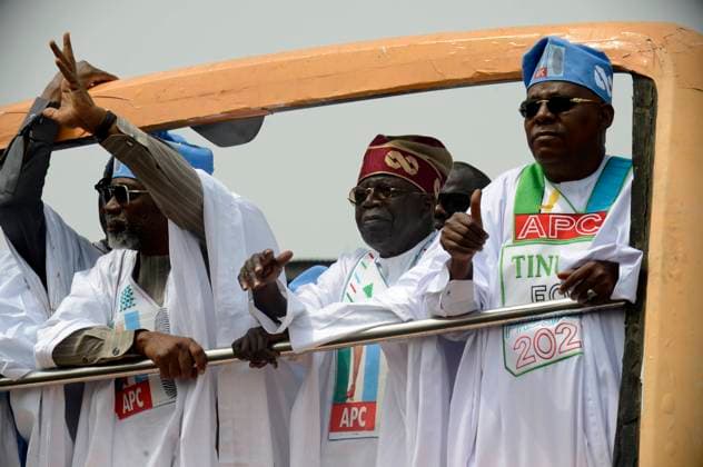 Tinubu, APC Presidential Candidate, Concludes Campaign In Lagos L-R: Hon. Femi Gbajabiamila, Speaker, House of Representatives; Bola Ahmed Tinubu, Presidential candidate, All Progressives Congress (APC), and Senator Kashim Shettima, Vice Presidential candidate, in a campaign bus in Lagos. Asiwaju Bola Ahmed Tinubu, Presidential candidate, All Progressives Congress (APC) for 2023 Elections holds grand finale of his campaign at the Teslim Balogun Stadium in Surulere, Lagos on Tuesday, February 21, 2023. Photo by Adekunle Ajayi Lagos Nigeria  Copyright: xAdekunlexAjayix originalFilename: ajayi-notitle230221_np1bX.jpg