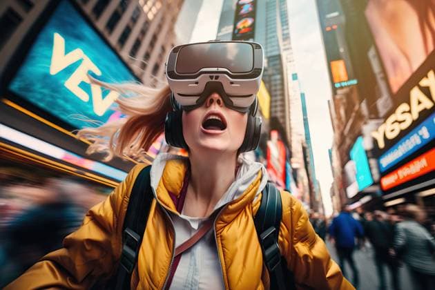 Generative AI illustration of from below of excited young female in warm jacket and VR goggles screaming and running on street while exploring virtual reality in city ManuelRuiz_ID12917_392442_012 Copyright: xManuelxRuizx Model Released