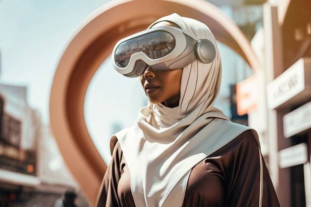 Creative Highlights Symbolbilder Generative AI illustration of gorgeous young ethnic female in traditional Muslim hijab exploring virtual reality in futuristic VR goggles standing on city street on sunny day ManuelRuiz_ID12917_392443_013 Copyright: xManuelxRuizx Model Released