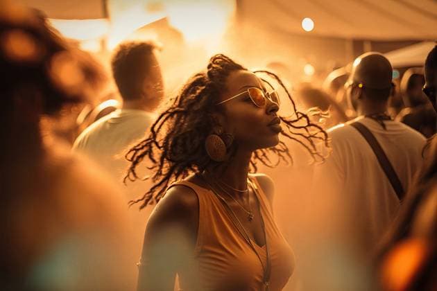 Creative Highlights Symbolbilder Generative AI illustration of calm young African American female in summer clothes and sunglasses with dreadlocks and earrings dancing on party, Property released ManuelRuiz_ID12950_393889_014 Copyright: xManuelxRuizx Model Released