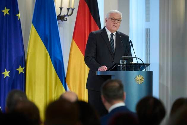 Bilder des Jahres 2023, News 02 Februar News Themen der Woche KW08 Berlin, Zentrale Veranstaltung zum Jahrestag des russischen Überfalls auf die Ukraine im Schloss Bellevue Bundespräsident Frank-Walter Steinmeier lädt am 24.02.2023 gemeinsam mit dem Botschafter der Ukraine in Deutschland Oleksij Makejew zu einer zentralen Veranstaltung am Jahrestag des russischen Überfalls auf die Ukraine ins Schloss Bellevue ein. Im Bild: Bundespräsident Frank-Walter Steinmeier während seiner Rede Berlin Schloss Bellevue Berlin Deutschland *** Berlin, Central event on the anniversary of the Russian invasion of Ukraine in Bellevue Palace Federal President Frank Walter Steinmeier invites together with the Ambassador of Ukraine in Germany Oleksij Makejew to a central event on the anniversary of the Russian invasion of Ukrai