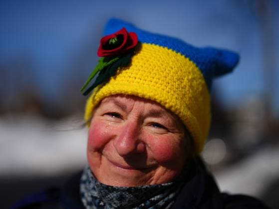 February 24, 2023, Ottawa, Ontario, Canada: Nadia ZelemöÄÃ s eyes water as she walks in the cold to demonstrate against the war in the Ukraine in front of the Russian embassy in Ottawa on Friday, Feb. 24, 2023. Ottawa Canada  - ZUMAc35_ 20230224_zaf_c35_021 Copyright: xSeanxKilpatrickx