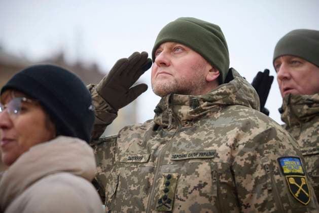 February 24, 2023, Kyiv, Kyiv Oblast, Ukraine: Commander-in-Chief of Ukraine Armed Forces ValeriyÃ‚ Zaluzhny, center, salutes during ceremonies marking the 1st anniversary of the Russian invasion at Saint SophiaÃ¢â‚¬â ¢s Square, February 24, 2023 in Kyiv, Ukraine. Kyiv Ukraine - ZUMAp138 20230224_zaa_p138_034 Copyright: xPoolx UkrainianxPresidentiax