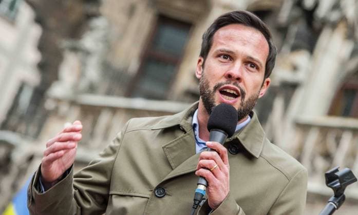 February 24, 2023, Munich, Bavaria, Germany: MARTIN HAGEN of the FDP party speaking at a demo for Ukraine in Munich, Germany. Hagen is one of the staunchest supporters of Ukraine and was one of the few politicians in Germany that took the invasion threat seriously before it became reality. One year after the launch of RussiaÃ¢â‚¬â ¢s invasion of Ukraine and approximately nine years after the killing of some one hundred at the Maidan Revolution of Dignity in 2014, Ukrainians and Germans together demonstrated at MunichÃ¢â‚¬â ¢s Marienplatz to thank the alliance for its support and to remember the costs to Ukraine for preventing Russian expansion into Europe. Munich Germany - ZUMAb160 20230224_zbp_b160_037 Copyright: xSachellexBabbarx