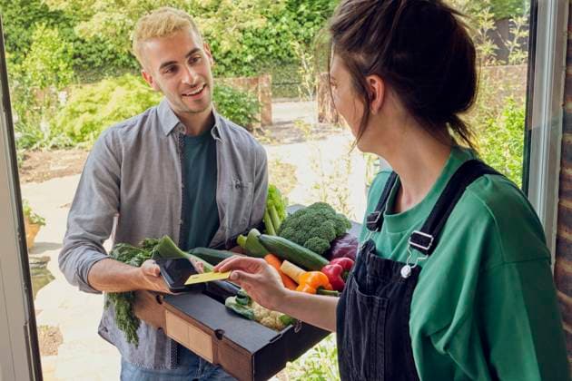 Woman paying and talking to delivery person with fresh vegetables near doorway model released, Symbolfoto property released, PWF00748