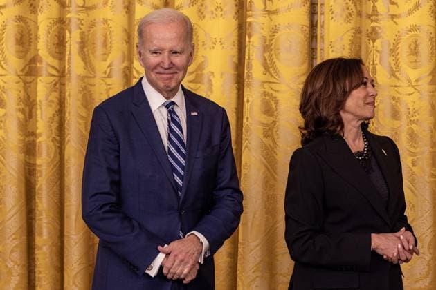 President Joe Biden and Vice President Kamala Harris listen to DuWayne Portis Jr. deliver remarks at reception celebrating Black History month in the East Room of the White House in Washington, D.C. on Monday, February 27, 2023.  WAP2023027003 TASOSxKATOPODIS