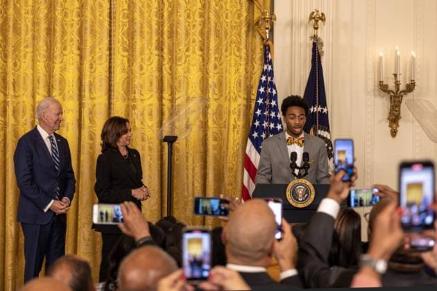 DuWayne Portis Jr. a high school student from Chicago delivers remarks at reception celebrating Black History month with President Joe Biden and Vice President Kamala Harris in the East Room with of the White House in Washington, D.C. on Monday, February 27, 2023.  WAP2023027017 TASOSxKATOPODIS
