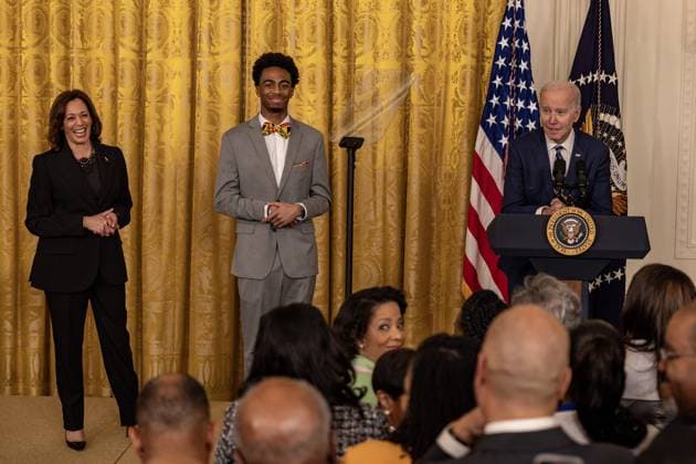 President Joe Biden delivers remarks at reception celebrating Black History month with Vice President Kamala Harris and DuWayne Portis Jr. in the East Room with of the White House in Washington, D.C. on Monday, February 27, 2023.  WAP2023027022 TASOSxKATOPODIS