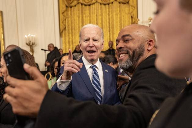 President Joe Biden greets supporters after delivering remarks at reception celebrating Black History month with Vice President Kamala Harris and DuWayne Portis Jr in the East Room with of the White House in Washington, D.C. on Monday, February 27, 2023.  WAP2023027026 TASOSxKATOPODIS