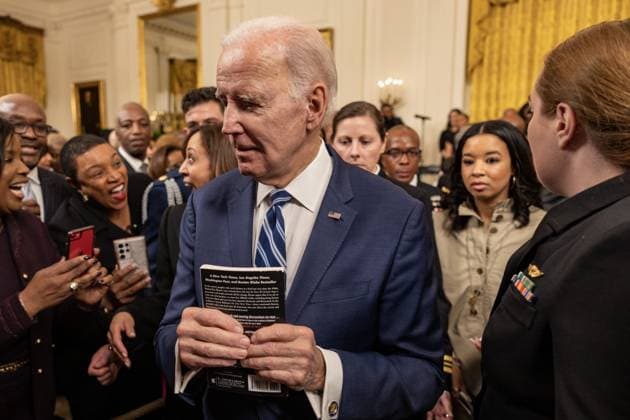 President Joe Biden greets supporters after delivering remarks at reception celebrating Black History month with Vice President Kamala Harris and DuWayne Portis Jr in the East Room with of the White House in Washington, D.C. on Monday, February 27, 2023.  WAP2023027027 TASOSxKATOPODIS