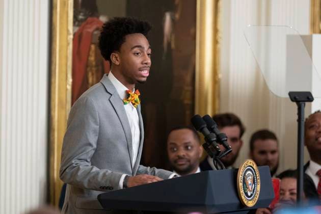 February 27, 2023, Washington, District of Columbia, USA: DuWayne Portis Jr., a high school student from Chicago makes remarks at a reception celebrating Black History Month at The White House in Washington, DC, on February 27, 2023 Washington USA - ZUMAs152 20230227_zaa_s152_034 Copyright: xChrisxKleponisx