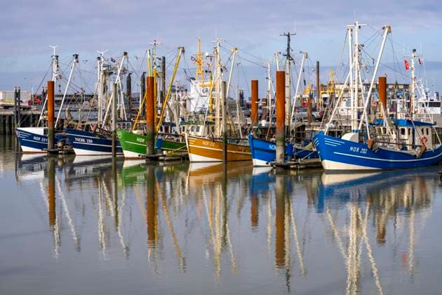 Fischerboote, Krabbenkutter im Hafen von Norddeich, Niedersachsen, Deutschland Hafen Norddeich *** Fishing boats, crab cutter in Norddeich harbor, Lower Saxony, Germany Norddeich harbor