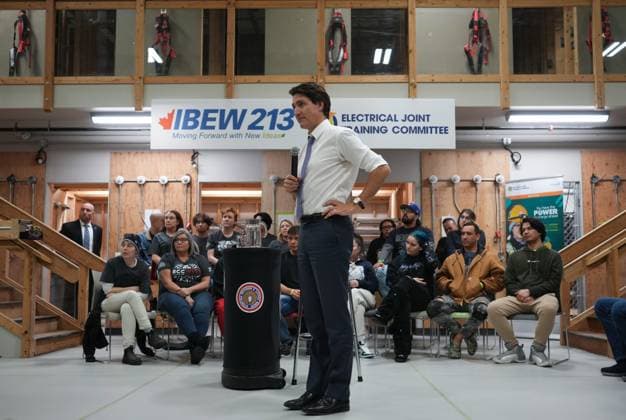 March 1, 2023, PORT COQUITLAM, BC, CANADA: Prime Minister Justin Trudeau listens to a question during a town hall with electrician apprentices at the Electrical Joint Training Committee facility in Port Coquitlam, B.C., on Wednesday, March 1, 2023. PORT COQUITLAM CANADA  - ZUMAc35_ 20230301_zaf_c35_055 Copyright: xDarrylxDyckx