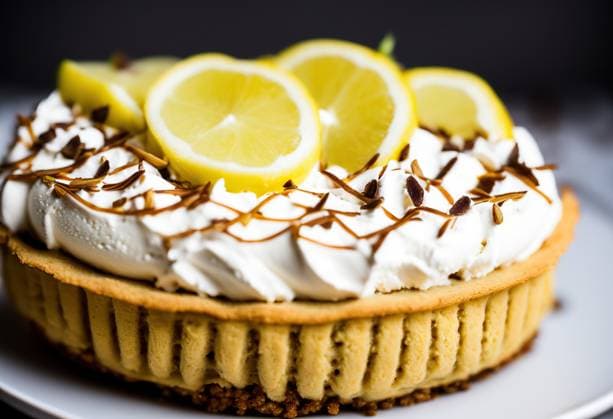 Appetizing sweet lemon cake with meringue served on white ceramic plate AdalbertoRodriguez_ID12901_391877_046 Copyright: xAdalbertoxRodriguezx Model Released