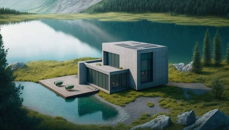 Aerial view of modern house in a beautiful nature scenery besides lake. Generative IA Airtista_ID13096_398632_002 Copyright: xAirtistax Model Released