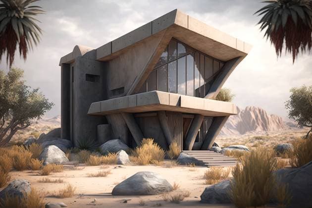 Awesome design of modern concrete house in a beautiful desert scenery. Generative IA Airtista_ID13096_398638_008 Copyright: xAirtistax Model Released