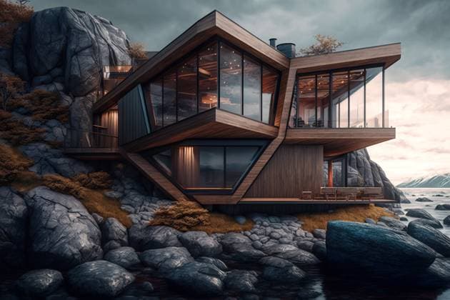 Modern wooden house besides a lake. Generative IA Airtista_ID13096_398645_015 Copyright: xAirtistax Model Released