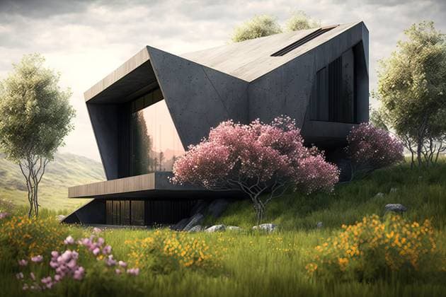 Modern concrete house besides a mountain landscape. Generative IA Airtista_ID13096_398652_022 Copyright: xAirtistax Model Released
