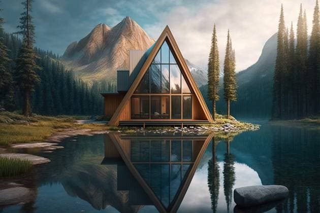 Modern wooden house in forest besides a lake. Generative IA Airtista_ID13096_398665_035 Copyright: xAirtistax Model Released