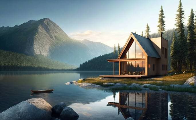 Modern wooden house in forest besides a lake. Generative IA Airtista_ID13096_398672_042 Copyright: xAirtistax Model Released