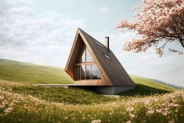 Wooden house in a beautiful landscape full of blossom flowers. Generative IA Airtista_ID13096_398687_057 Copyright: xAirtistax Model Released