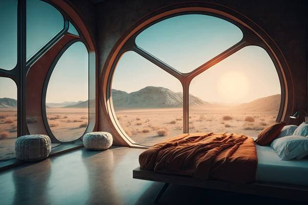 Generative AI illustration of contemporary bedroom interior with comfortable bed with pillows and blanket placed near panoramic window overlooking picturesque Mars landscape with dunes and mountains in Space, Property released ManuelRuiz_ID12959_394120_014 Copyright: xManuelxRuizx Model Released
