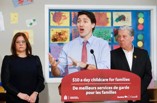 March 3, 2023, WINNIPEG, MANITOBA, CANADA: Manitoba Premier Heather Stefanson and Federal Minister of Northern Affairs, Dan Vandal, listen in as Prime Minister Justin Trudeau speaks at the YMWCA daycare in Winnipeg, Friday, March 3, 2023. Trudeau said Manitoba will achieve an average of $10-a-day child care by April 2, three years ahead of schedule for the Liberal government s target for its national plan. WINNIPEG CANADA  - ZUMAc35_ 20230303_zaf_c35_051 Copyright: xJohnxWoodsx