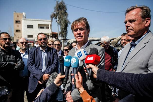 March 3, 2023, Nablus, West Bank, Palestine: Sven Kuhn von Burgsdorff, the European Union representative for the Palestinian Territories, center, speaks to the press as he surveys the damage of a torched house in the West Bank town of Hawara which was set ablaze by radical Jewish settlers earlier this week . On Monday scores of Israeli settlers went on a violent rampage in the northern West Bank town of Hawara, setting cars and homes on fire after two settlers were killed by a Palestinian gunman. Nablus Palestine - ZUMAs197 20230303_zaa_s197_296 Copyright: xNasserxIshtayehx