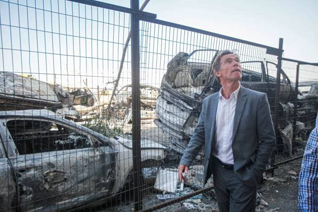 March 3, 2023, Nablus, West Bank, Palestine: Sven Kuhn von Burgsdorff, the European Union representative for the Palestinian Territories, center, survey the damage of a burnt cars in the West Bank town of Hawara which was set ablaze by radical Jewish settlers earlier this week . On Monday scores of Israeli settlers went on a violent rampage in the northern West Bank town of Hawara, setting cars and homes on fire after two settlers were killed by a Palestinian gunman. Nablus Palestine - ZUMAs197 20230303_zaa_s197_317 Copyright: xNasserxIshtayehx