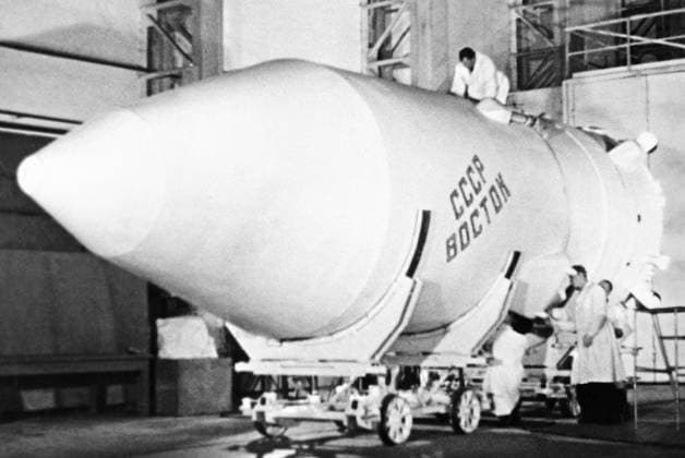 SPACESHIP VOSTOK ASSEMBLY SHOP 16473 04.03.1961 The Vostok spaceship in the assembly shop. RIA Novosti Sputnik Baikonur Kazakhstan  Copyright: xRIAxNovostix