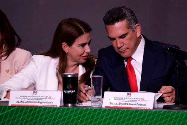 The Institutional Revolutionary Party of Mexico celebrates its 94th anniversary March 4, 2023, Mexico City, Mexico: The president of the Institutional Revolutionary Party, Alejandro Moreno Cardenas and PRI secretary, Carolina Viggiano Austria during the solemn session of the 94th anniversary of the political party at the national headquarters in Mexico City, Mexico. on March 4, 2023 in Mexico City, Mexico (Photo by Luis Barron Eyepix Group). Copyright: xLuisxBarronx xEyepixxGroupx LB20230304_PRI94A5