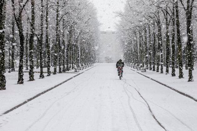 Radfahrer im Schneeeinbruch im Hofgarten in Düsseldorf *** Cyclist in the snow in the Hofgarten in Düsseldorf