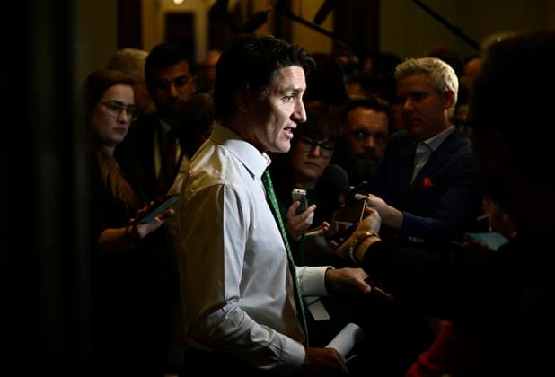 March 8, 2023, Ottawa, ON, CAN: Prime Minister Justin Trudeau speaks to reporters before heading into a meeting of the Liberal caucus, on Parliament Hill in Ottawa, on Wednesday, March 8, 2023. Ottawa CAN  - ZUMAc35_ 20230308_zaf_c35_027 Copyright: xJustinxTangx