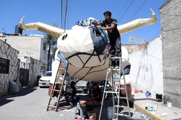 Monumental Cardboard Exhibition During International Fireworks Fair 08 March 2023, Tultepec, Mexico: General view of monumental cardboard figures as part of the International Fireworks Fair 2023 (IFF), festival in honor of Saint John of God, saint of fireworks. The bulls are paper mache and cardboard. Since morning they parade through the streets and compete for the bull with the best design. on March 12, 2023 in Tultepec, Mexico. (Photo: Francisco Morales Eyepix Group) Copyright: xFranciscoxMorales xEyepixxGroupx DM_9002_FM_6423