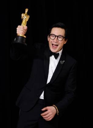 Ke Huy Quan winner of the Best Supporting Actor, for Everything Everywhere All at Once appears backstage with her Oscar during the 95th annual Academy Awards at Loews Hollywood Hotel in the Hollywood section of Los Angeles on Sunday, March 12, 2023.  LAP20230312170 JOHNxANGELILLO
