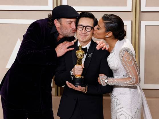 (L-R) Troy Kotsur, Ke Huy Quan, winner of the Best Actor In A Supporting Role award for Everything Everywhere All At Once and Ariana DeBose appear backstage during the 95th annual Academy Awards at Loews Hollywood Hotel in the Hollywood section of Los Angeles on Sunday, March 12, 2023.  LAP20230312182 JOHNxANGELILLO