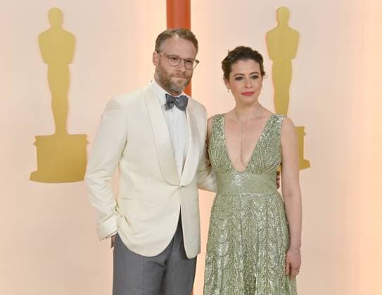(L-R) Seth Rogen and Lauren Miller attend the 95th annual Academy Awards at the Dolby Theatre in the Hollywood section of Los Angeles on Sunday, March 12, 2023.  LAP2023031211281 JIMxRUYMEN